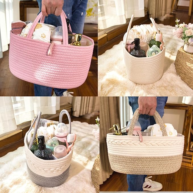 Baby Diaper Caddy Girl Boy Organizer Small Woven Baskets With Handle, Cotton Rope Tote For Shower Nursery, Decorative Medium Storage Baskets For Shelves,Unique Gift Baby