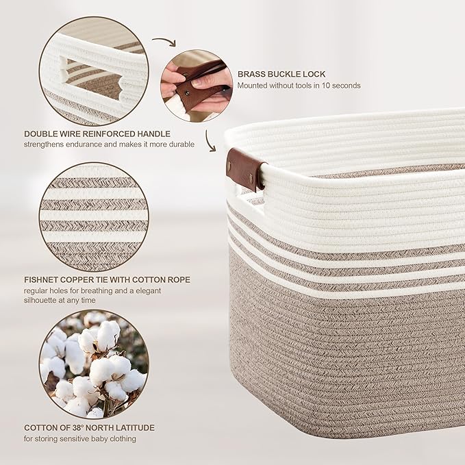 60L Large Laundry Basket with Leather Handles for Living Room Storage, Woven Rope Baskets Bin for Blanket, Kids Toy, Gifts, Wicker Hamper for Bedroom Dirty Clothes, 21"x15"x11" White Brown