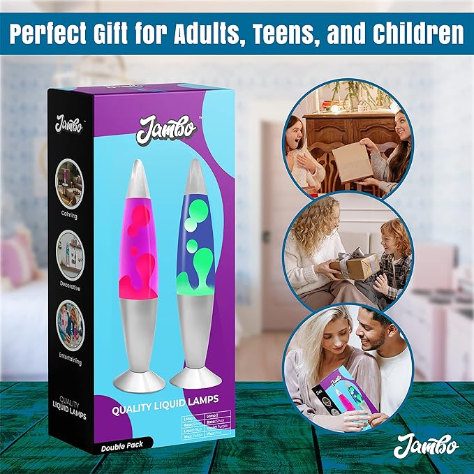 JAMBO 2 Pack- 16" Beautiful Lamp- Blue with Yellow/Green Wax and Purple with Pink Wax, Relaxing Liquid Lamp, Night Light Nightlight, Lamps for Adults Teens Kid