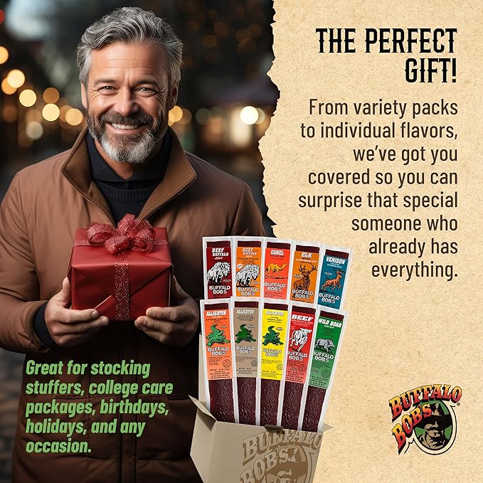 Buffalo Bob's Exotic Jerky (10-Pack), 10 Flavor Variety Pack of Snack Sticks, Wild Game Beef Gifts for Men