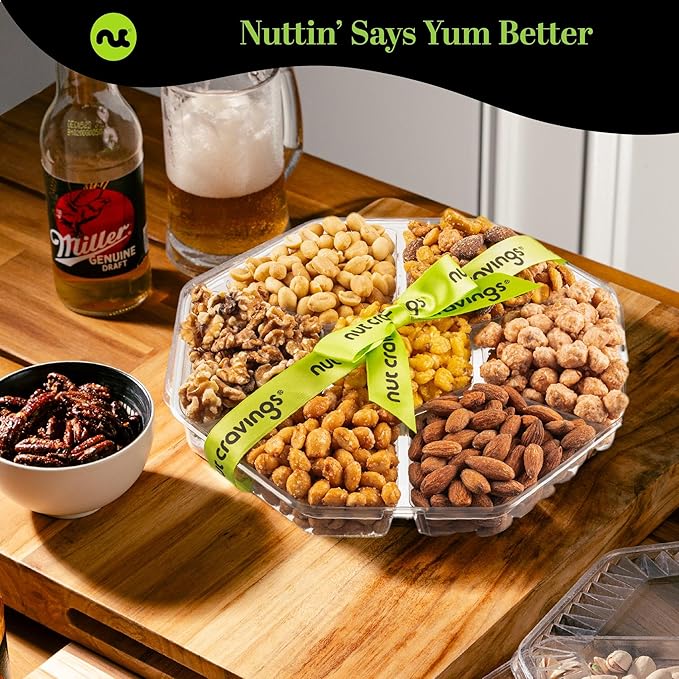 NUT CRAVINGS - Diwali Sweets Hamper Mixed Nuts Gift Basket + Green Ribbon Classic (7 Assortments, 1 LB) Food Arrangement, Healthy Snack Care Package, Food Assortments