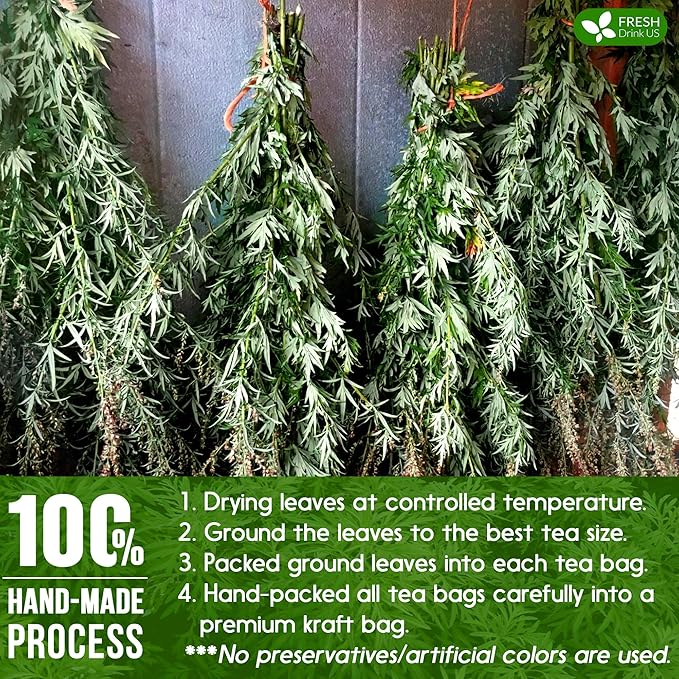 FreshDrinkUS, Premium 25 Mugwort Leaf Tea Bags, 100% Natural and Pure Mugwort Leaves. Loose Leaf Mugwort Herbal Tea. Mugwort Leaf Tea. No Sugar, No Caffeine, No Gluten, Vegan. (25 Tea Bags)