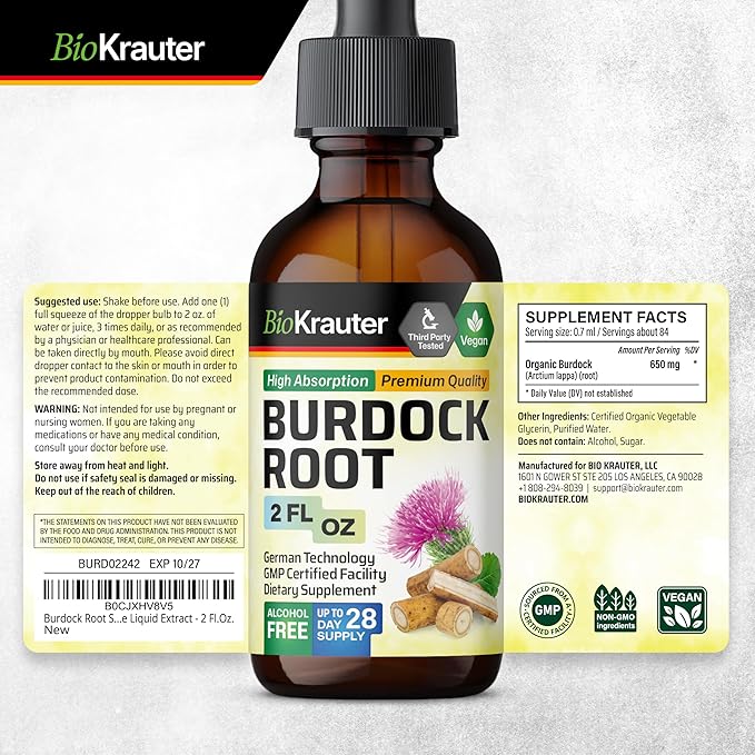 BIO KRAUTER Burdock Root Tincture - Antioxidant Support Liquid Supplement - Burdock Root Extract - Alcohol and Sugar Free - Vegan Drops 2 Fl.Oz.