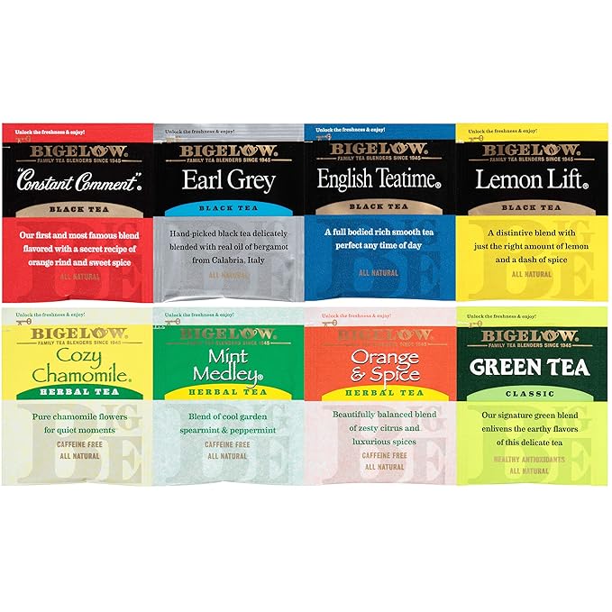 Bigelow Fine Tea & Herbal Tea Assortment 64 Count Box (Pack of 2) Caffeinated and Caffeine Tea, 128 Tea Bags Total