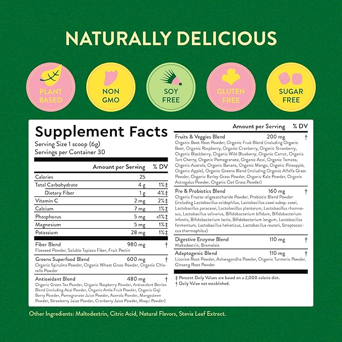 360 Nutrition Blends with Benefits Super Greens Powder w/Probiotics, Digestive Enzymes, Sugar & Gluten Free, Plant Based Superfood Drink Mix for Gut Health, Bloating, Immunity, Overall Health, 6.35 oz