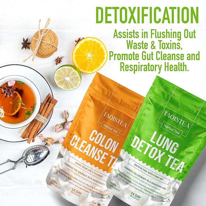 TAOISTEA Colon & Lung Detox Tea Set - 2 Herbal Blends, 14 Day Supply Each | Dual-Action Cleanse for Gut Health, Respiratory Support & Daily Detox