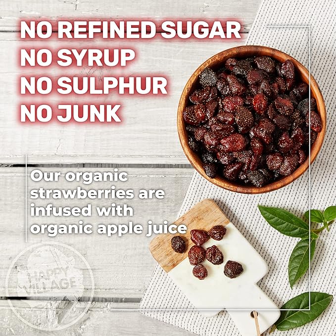 Happy Village Organic Whole Dried Strawberries, 18 OZ Resealable Pack- Soft & Juicy, Kosher, Non-GMO, No Refined Sugar, Apple Juice Infused Dried Strawberry