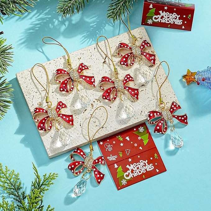 H&D HYALINE & DORA 6 Pcs Red Bow Ornaments for Christmas Tree Decorations Rhinestones Bow Crystal Suncatcher Gifts Hanging Ornaments for Home Xmas Holiday Decor