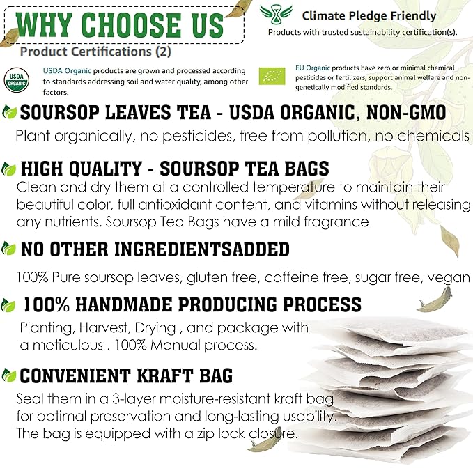 KEYXE - USDA Organic Soursop Graviola Leaves Tea 50 Bags. Non-GMO Verified , 100% Organic Soursop Leaves for Digestion, Boosting Immune, Improving Sleep & Skin Health, Gluten Free, Caffein Free , Hojas De Guanabana Tea Organica, Eco-Conscious Tea Bags