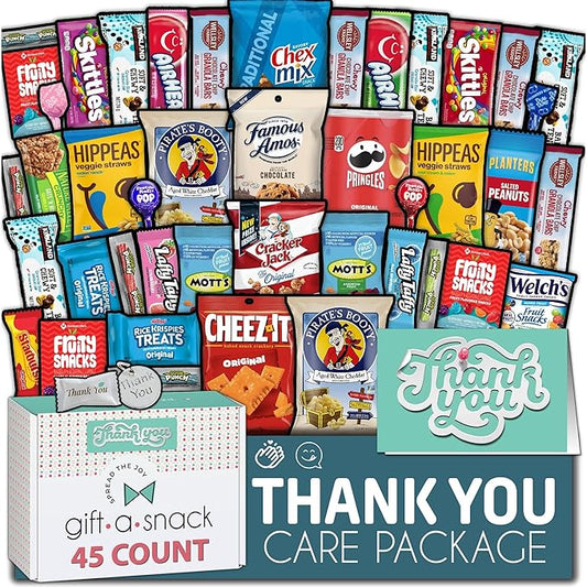 Gift A Snack - Thank You Snack Box Variety Pack Care Package + Greeting Card (45 Count) Appreciation Sweet Treats Gift Basket, Candies Chips Crackers Bars - Cravy Food Assortments & Variety Gifts