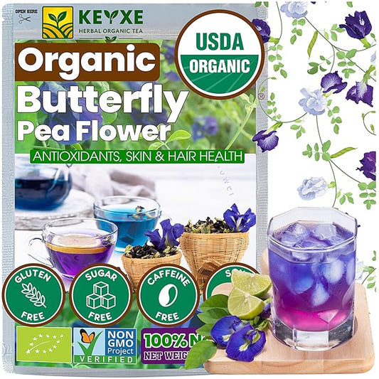 KEYXE - Organic Butterfly Pea Flowers Tea Bags, 100% CERTIFIED Organic and Pure from Butterfly Pea Flower Dried, Herbal Flower Tea for Relaxation, Mocktails, and Natural Food Coloring, Caffeine-Free, Sugar-Free, Non-GMO- ( 30 teabags )