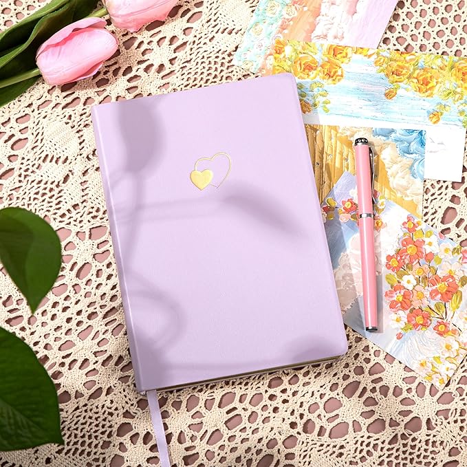 CAGIE Lined Journal Notebook for Women and Girls 256 Pages Cute Diary with Heart-Shaped Leather Journals for Writing A5 Soft Cover Notebooks for Work School, Purple