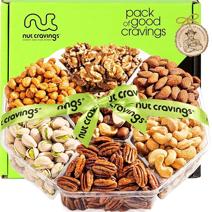 NUT CRAVINGS - Diwali Sweets Hamper Mixed Nuts Gift Basket + Green Ribbon (7 Assortments, 1 LB) Food Arrangement, Healthy Snack Care Package, Food Assortments
