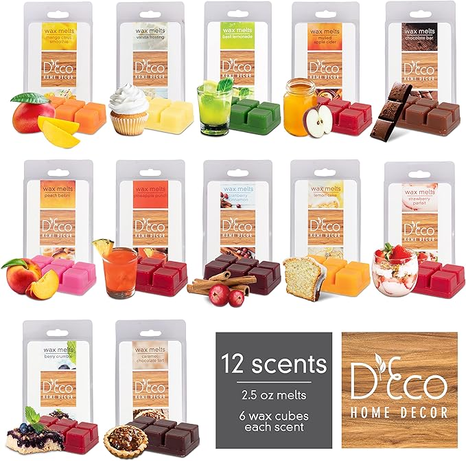 D'Eco Fall Sweet Treats Wax Melts - 12 Count Variety Pack Home Fragrances- Long Lasting Scented Wax Tarts for Wax Warmers- Caramel, Apple Cider, Cranberry Cinnamon, Chocolate, Vanilla & Fruity Scents