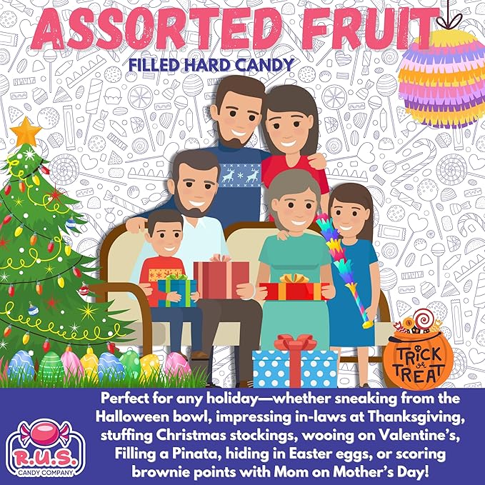Fruit Filled Hard Candy 2 lb – Individually Wrapped, Old Fashioned Bulk Candy, 5 Assorted Flavors, Hard Shell and Chewy Center by R.U.S. Candy Company (2 Pound)