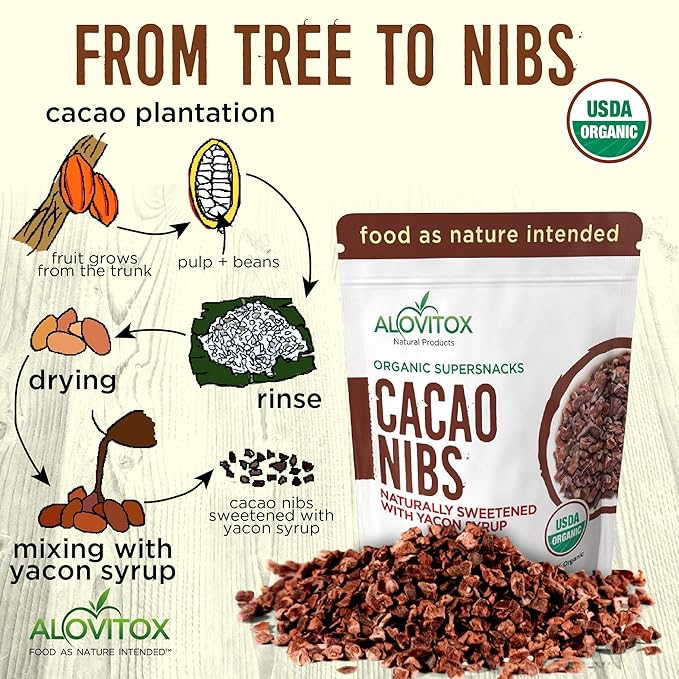Alovitox Cacao Nibs With Organic Yacon Syrup | Healthy Protein Bite Snack (Raw, Non-GMO, Sugar Free, Keto, Paleo, Gluten Free & Vegan) | Antioxidant With Criollo Chocolate Extracts | 8 Oz