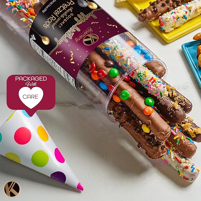 KREMERY Creamy Chocolate Cravings - Birthday Treats, Chocolate Covered Pretzel Rods Gift Basket, in Clear Tube + Greeting Card (8 Pretzels, Assorted Sweet Toppings) Food Assortments USA Made