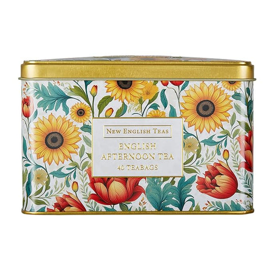 New English Teas Victorian Sunflower Tea Tin with 40 English Afternoon Teabags, Inspired by Embroidery & Textile Styles