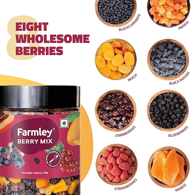 Farmley's Berry Mix | 8-in-1 Mixed Berries | Black Raisin, BlackCurrant, Peach, Papaya, Mango, Blueberry, Strawberry, Cranberry | 10.5 oz