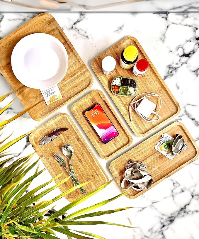 Bam&Boo Bamboo Serving Tray Natural Minimalist Rectangular (11.3” x 6.2" x 0.8") Coffee, Tea, Food, Drinks, Storage, Decor for Home, Kitchen, Bathroom