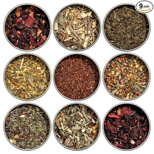 Heavenly Tea Leaves Organic Herbal Loose Leaf Tea Sampler Gift Set (Approx. 90 Cups) | 9 Naturally Caffeine-Free Tisanes | Great Hot or Iced | Assorted Variety Pack | Health & Immune Support
