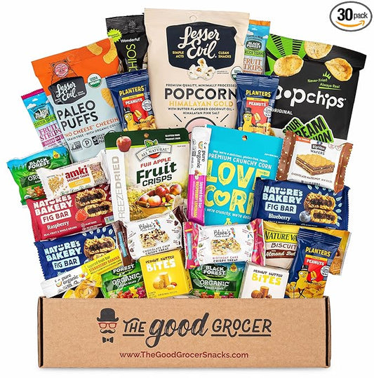 ALL NATURAL Healthy Snacks Care Package (30 Ct): Bars, Cookies, Puffs, Crispy Fruit, Trail Mix, Gift Box, Office Assortment Variety Pack, College Student Military Care Package, Gift Basket