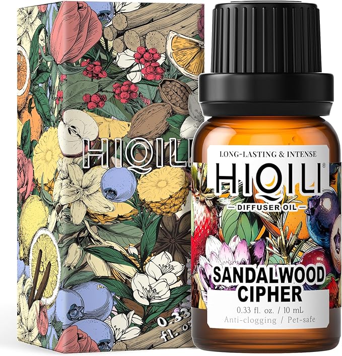 HIQILI Sandalwood Cipher Diffuser Oil, Ideal for Scent Diffuser, Car Air fresheners, Relaxing & Cozy, Long Lasting - 0.34 Fl Oz