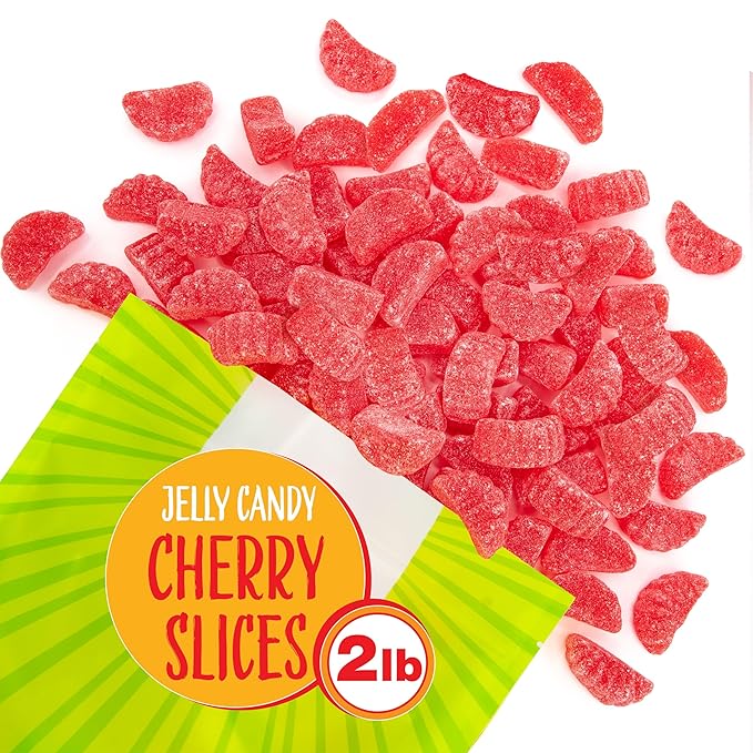 Cherry Slices Jelly Candy | 2 Pound Bag | Soft Sugar Dusted Fruit Slices with Classic Cherry Flavor | Fruit Jellies for Candy Buffets, Decoration, and Party Favors