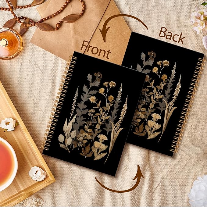Dark Botanical Notebook Journal - Black Moody Notebook, Vintage Botanical Cottagecore Spiral Notebooks, Vintage Notebooks Gifts for Women, Dark Academia School Office Supplies, 6x8.2In