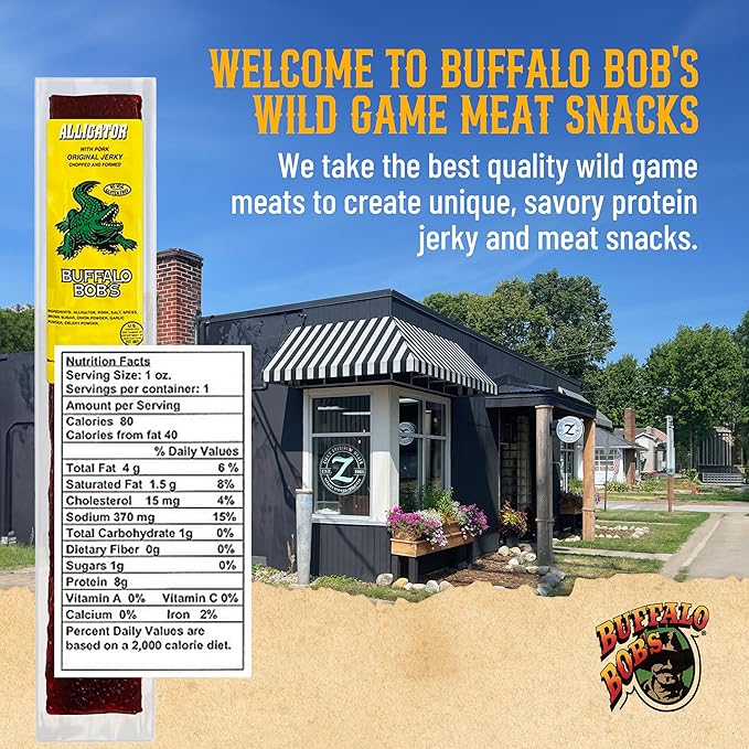 Buffalo Bob's Wild Game Meat Snack - Alligator with Pork Jerky 10 Pack