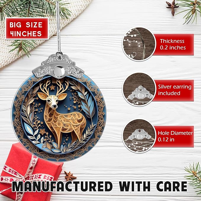 2025 Christmas Ornament, Stained Glass Effections, Christmas Tree 4 Inch Acrylic Ornament Art, White Elephant Gifts Car Interiors Decors, Christmas Decor (Quilling Deer)