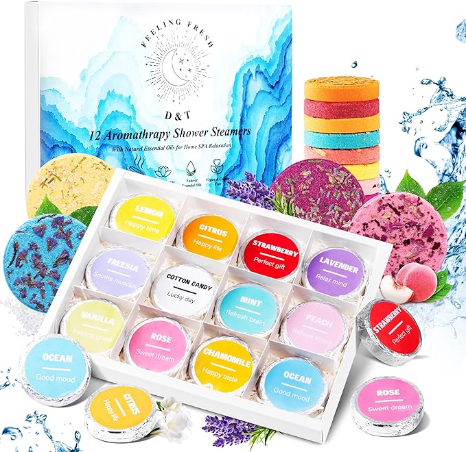 D&T 12-Pack Shower Steamers Aromatherapy - Variety Pack of 12 Foiled 6% Scent Shower Steamers. Self-Care Gifts for Her, Him, and Them. Mixed Scent-Sational Set…