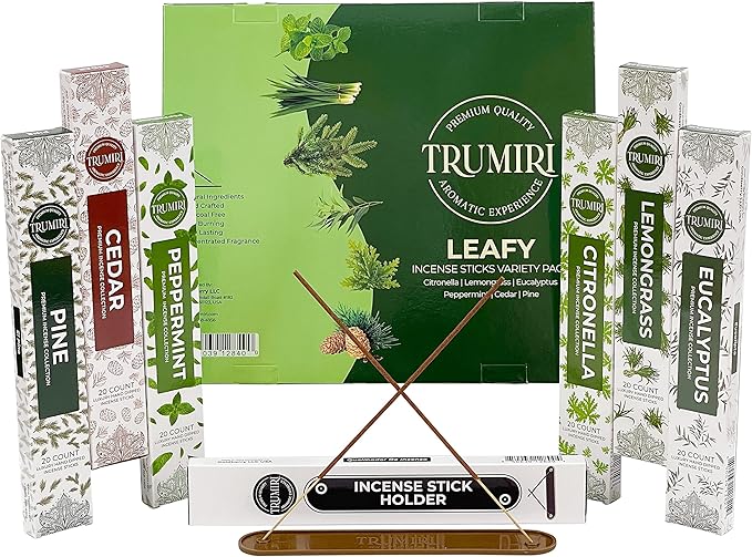 Leafy Incense Sticks Variety Pack - 120 Insence-Sticks (6 Incents x 20 Insense) - Citronella Lemongrass Eucalyptus Peppermint Pine Cedar - Natural Inscents-Sticks Non Toxic Inciensos + Incense Holder