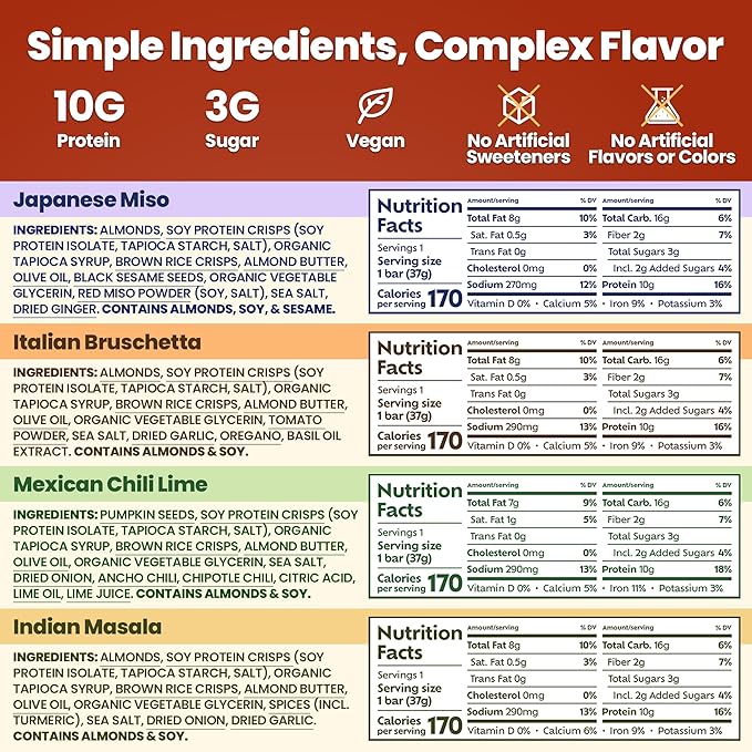 Afar Savory Protein Bars – Low Sugar, High Protein – Healthy Snacks for Adults – Meal Replacement Bar – Rice Crispy Texture – Vegan, Gluten Free (8 Bars, Variety Pack)