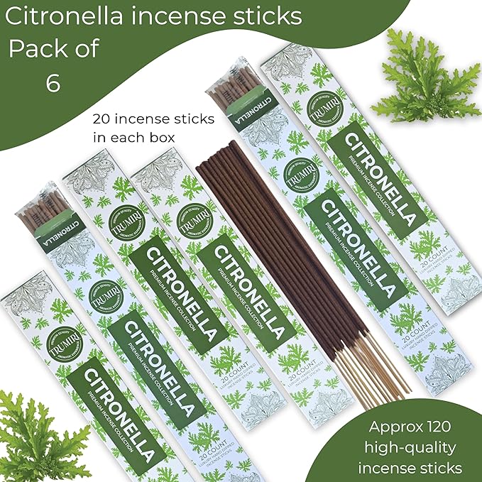 Citronella Incense Sticks for Outdoor Camping - Total 120 Insence-Sticks - 6 Packs of 20 Insense - Inciensos - Inscents - Natural Non Toxic Ingredients - Incents - Incence - Inscense