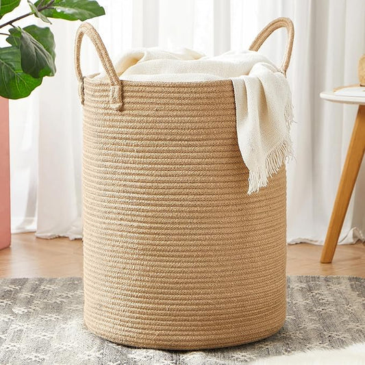 62L Jute Woven Hamper Laundry Basket Wicker Rope Clothes Hamper for Baby Nursery Kids Tall Rattan Blanket Basket in Living Room Bedroom