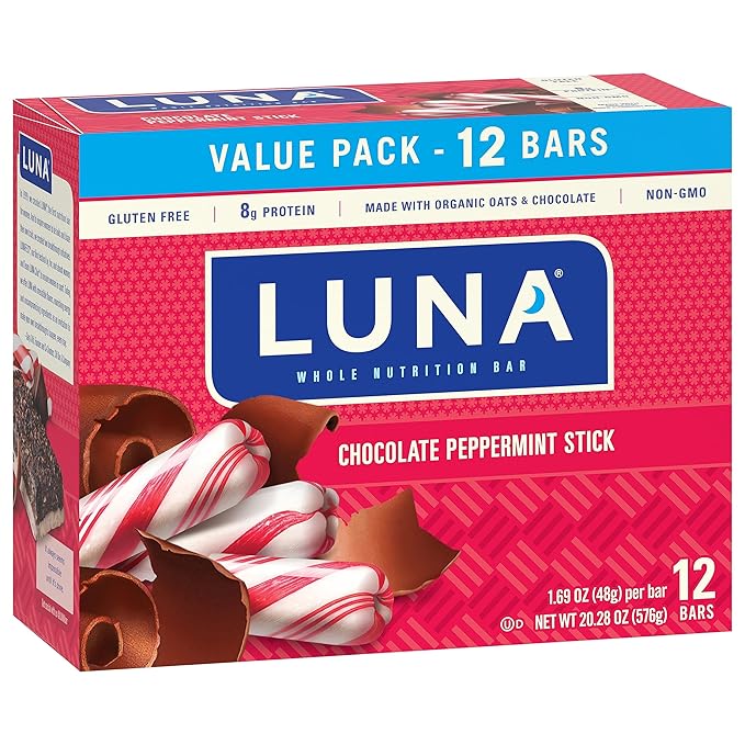 LUNA Bar - Chocolate Peppermint Stick Flavor - Snack Bars - Non-GMO - Gluten-Free Protein Bars - Made with Organic Oats (12 Pack)