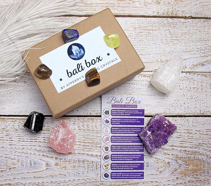 AtPerry's Bali Box - Healing Crystals Set - 8 Natural Chakra Crystals Tumbled & Raw Including Selenite, Amethyst, Lapiz Lazuli & Black Tourmaline