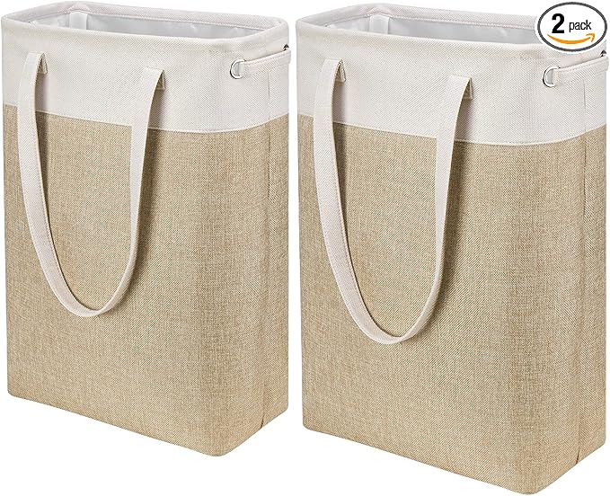 Laundry Hampers Tall Slim Laundry Baskets Thin Foldable Clothes Narrow Hamper for Laundry Storage Organizer Collapsible Hamper with White and Brown Imitated Burlap Patchwork,QY-SC24-2
