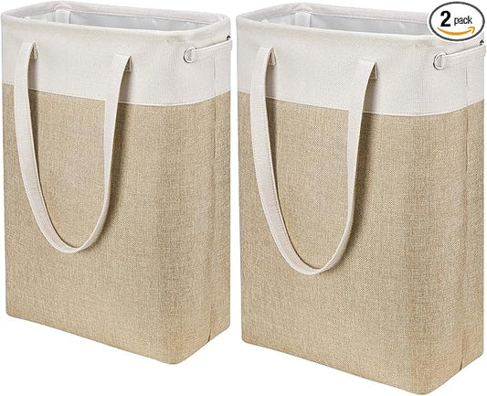 Laundry Hampers Tall Slim Laundry Baskets Thin Foldable Clothes Narrow Hamper for Laundry Storage Organizer Collapsible Hamper with White and Brown Imitated Burlap Patchwork,QY-SC24-2