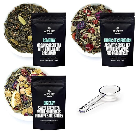 August Uncommon Sampler – Variety Tea Set of 3 Loose Leaf Green Tea Blends – Includes Scoop – Tropical, Dessert & Sweet Flavors in Resealable Pouches (5.4oz)