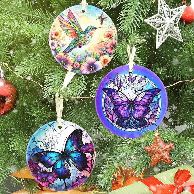 Butterfly Ceramic Christmas Ornament - 3.5 Inch Hanging Decoration for Christmas Tree, Gift Exchange or Holiday Presents