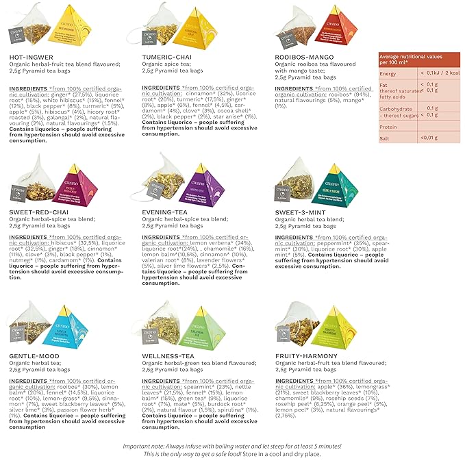Creano Organic Herbal Tea Gift Set "Organic Herbal Tea" – 12 Pyramid Tea Bags in 9 Different Varieties – 22.5 g*