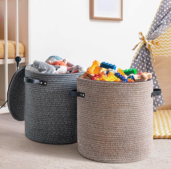 Cotton rope Storage Basket with Zipper cover & Woven baskets with Lid easy to move Multi-Purpose Storage Basket for Living Room, 13 x14 inches(Brown)