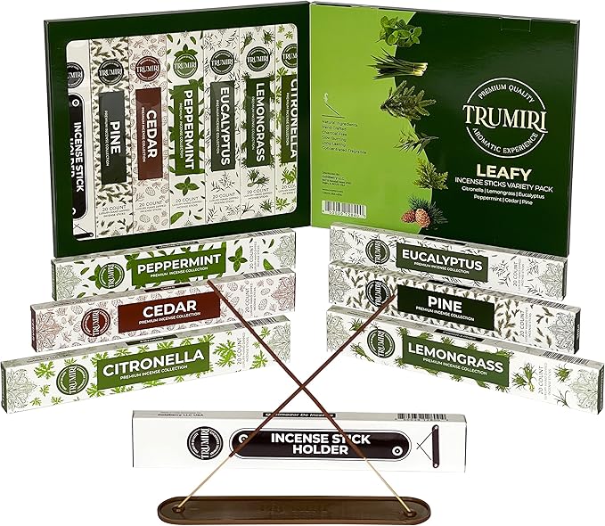 Leafy Incense Sticks Variety Pack - 120 Insence-Sticks (6 Incents x 20 Insense) - Citronella Lemongrass Eucalyptus Peppermint Pine Cedar - Natural Inscents-Sticks Non Toxic Inciensos + Incense Holder