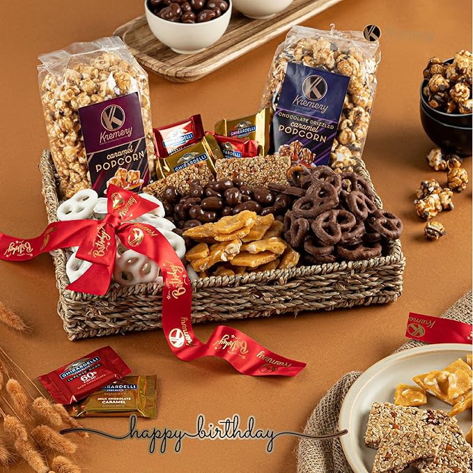 KREMERY Creamy Chocolate Cravings - Happy Birthday Treats, Chocolate Covered Pretzels & Caramel Popcorn Gift Basket, in Seagrass Tray + Ribbon & Greeting Card (Deluxe, 3.5 lbs) Food Assortments