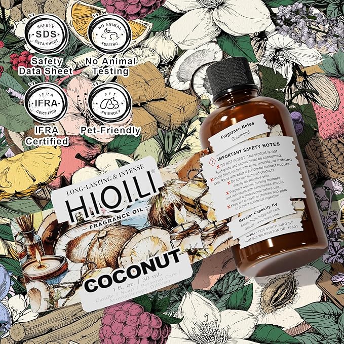 HIQILI Coconut Fragrance Oil for Home Diffuser, Ideal for Making Candle, Soap, Body Spray, Women's Perfume, Creamy Scents - 1 Fl Oz
