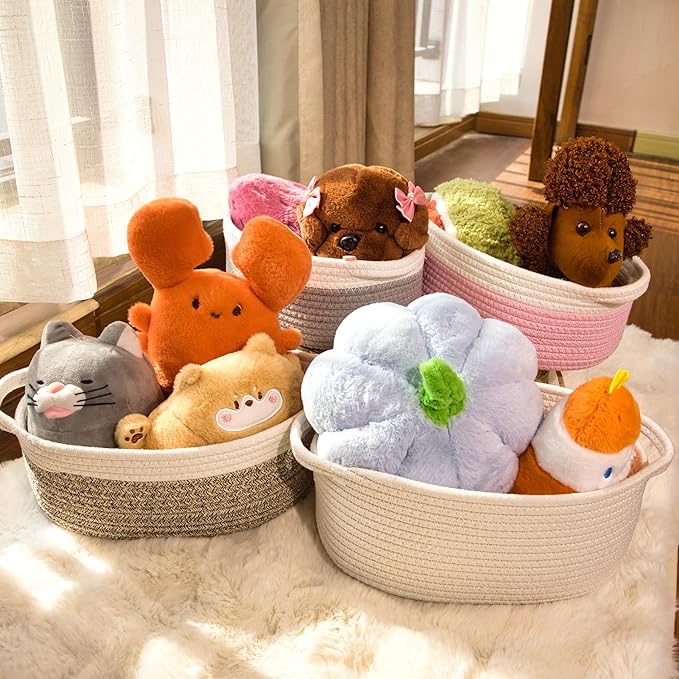 2 Pack Small Woven Storage Basket with Handles 12"x8"x5", Decorative Rope Bin for Home Organization, Shelf Storage,Cotton Rope Room Shelf Storage Basket with Handles