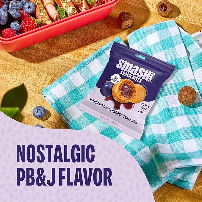 Smash Foods Grape Energy Bites | 5 Gluten-Free Vegan Snack Balls with No Sugar Added | 8g Protein, Superfood Jam, Chia Seeds | On-the-Go Convenience | Peanut Butter & Grape | 8 Packs