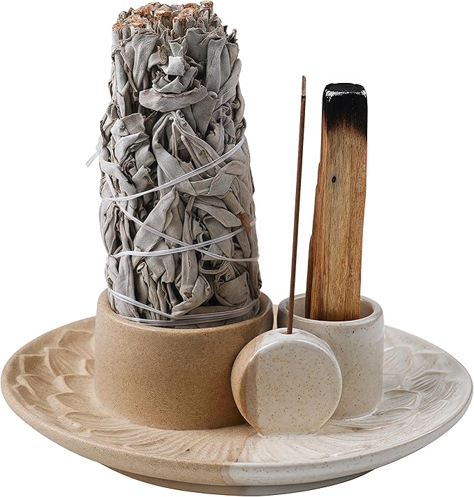 4 in 1 Incense Holder, Ceramic Incense Stick and Palo Santo Holder,Sage Holder for Burning- 5.5" Ceramic Ash Catcher Tray for Meditation and Yoga Room (Sand)
